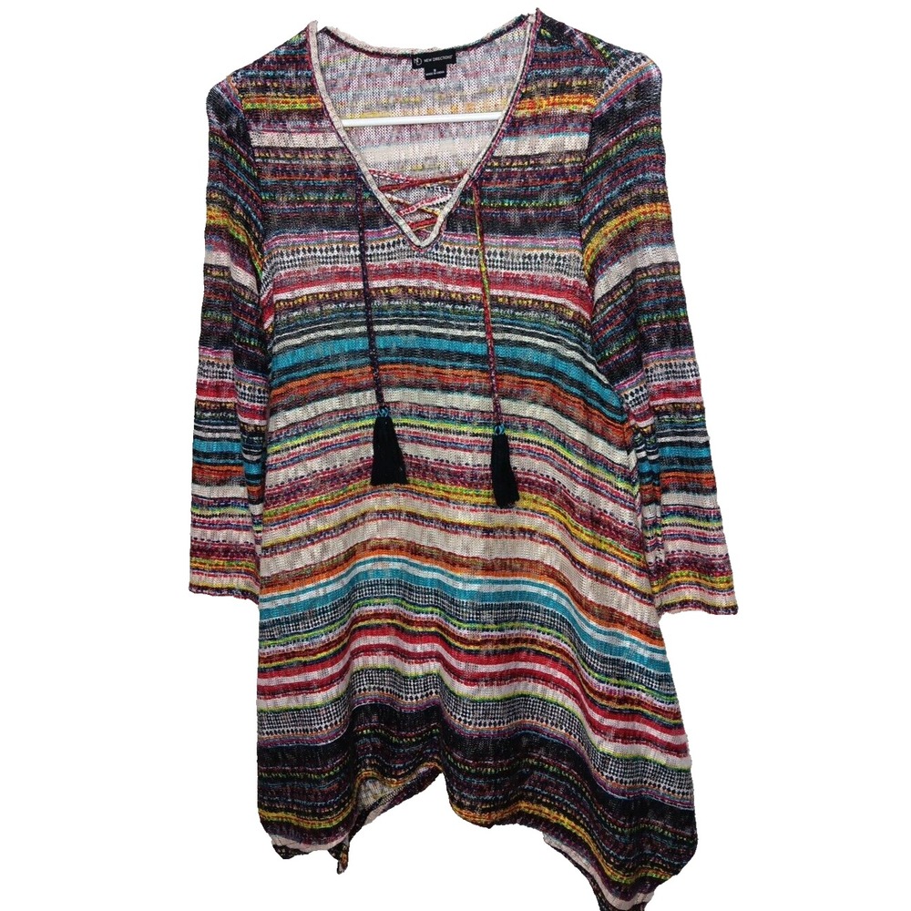 New Directions Women's S Boho Striped Lace-Up Knit Sweater Top Pullover Multicol